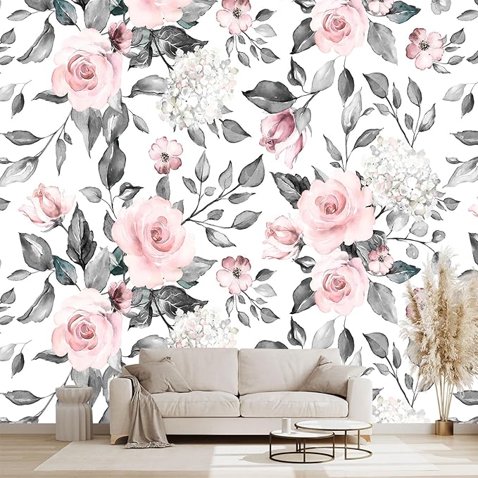 Grey Leaf Pink Flowers Wall murals Floral Peel and Stick Wallpaper for Bedroom Living Room - 85"x118"