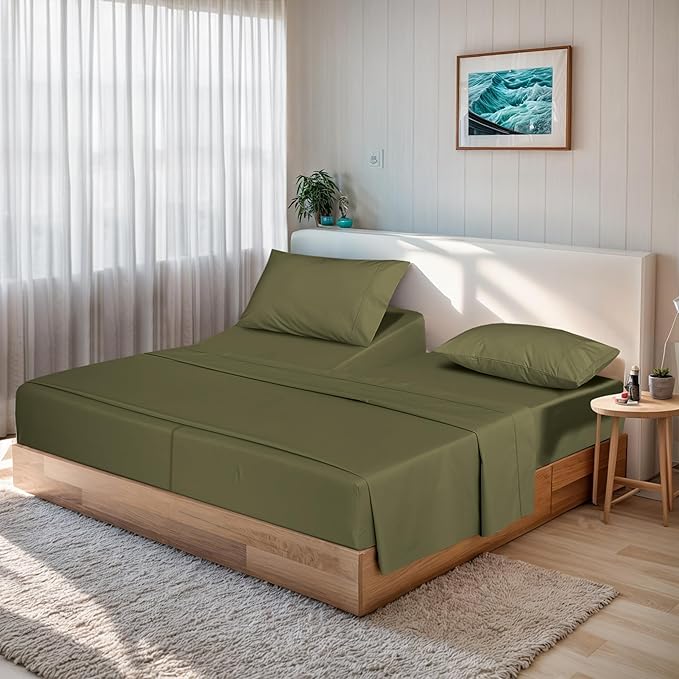 RUVANTI 100% Organic Cotton Sheets Split King, Percale Weave, GOTS Certified, 5-Piece Set, Deep Pocket 15", Crisp & Breathable, Soft Durable Bedding, Sábanas Algodón Orgánico – Olive