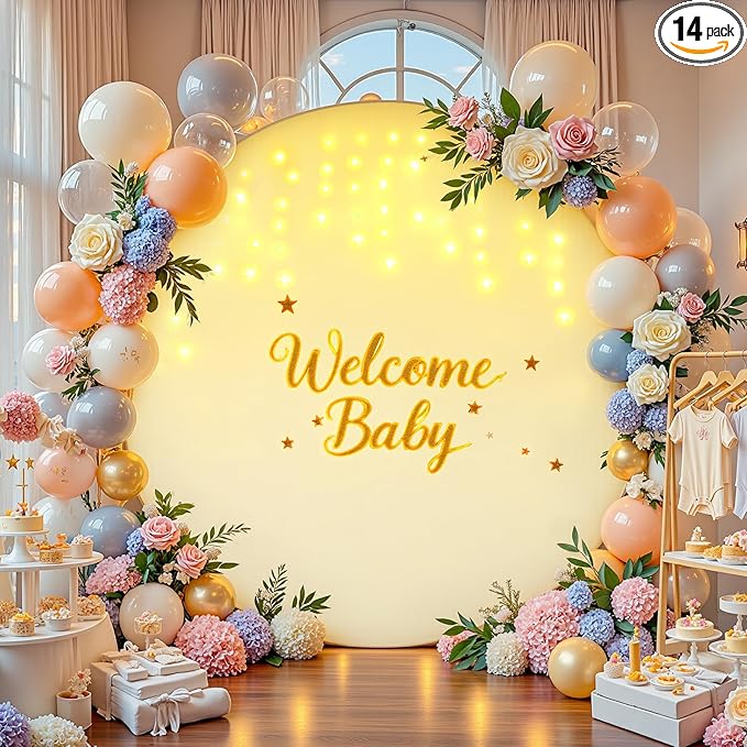 7.2 FT Beige Round Backdrop Cover with Lights String for Circle Arch Stand Circle Backdrop Covers with LED Fairy Lights for Wedding Arch Bridal Baby Shower Birthday Party Photo Photography Background