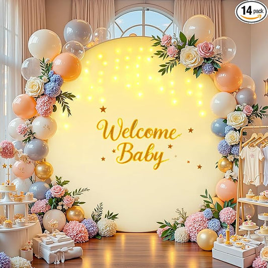 7.2 FT Beige Round Backdrop Cover with Lights String for Circle Arch Stand Circle Backdrop Covers with LED Fairy Lights for Wedding Arch Bridal Baby Shower Birthday Party Photo Photography Background