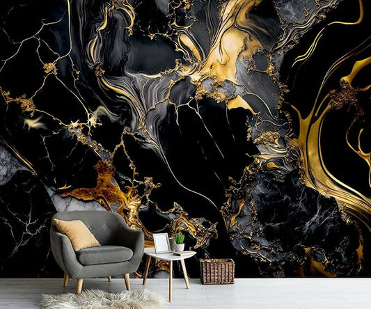 PYFFYP- Abstract Black and Gold Marble Wallpaper murals for Bathroom(Not Peel and Stick)