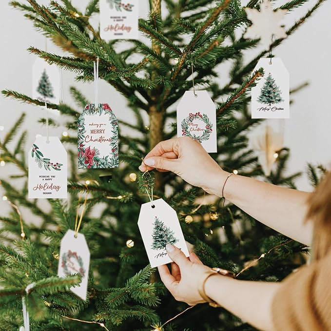 100 Pcs Christmas Paper Gift Tags Watercolor Plants Xmas Winter Seasonal Wishes Hanging Label Tags with Hemp Rope for Xmas Holiday Gift Wrapping DIY Crafts, 4 Designs