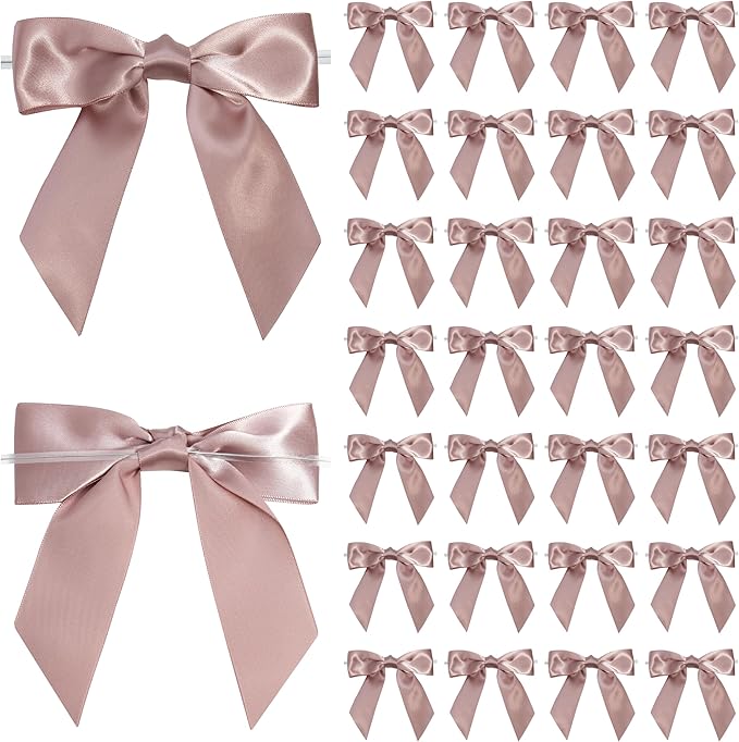 Dusty Rose Satin Ribbon Twist Tie Bows 5 Inch Pre-Tied Dusty Pink Gift Bows for Crafts, Treat Bags, Party Favors, Wedding, Baby Shower, Candy Apple, Christmas Tree (36 Pack)