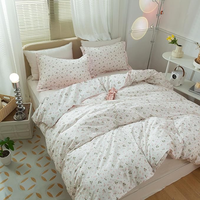 LifeTB Garden Pink Floral Comforter Set Queen Size Vintage Boho Floral Bedding Comforter Queen with 2 Pillowcases Fluffy Soft All Seasons Bedding Set Cottagecore Flowers Botanical Comforter Set