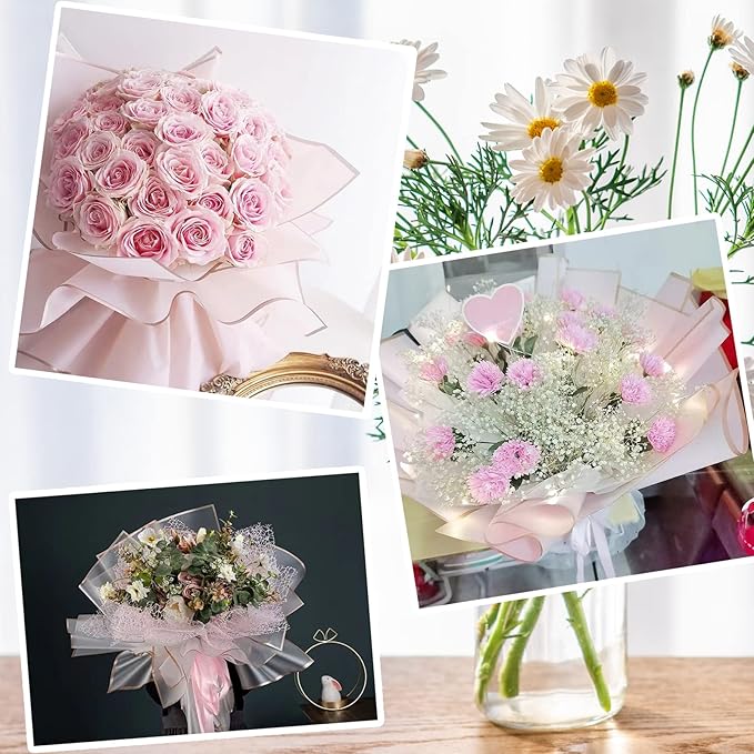 Kosotody 20 Sheets Flower Wrapping Paper Waterproof Florist Bouquet with Ribbon for Bouquets DIY Crafts Packaging Bouquet, 22.8x22.8 inch (Pink)