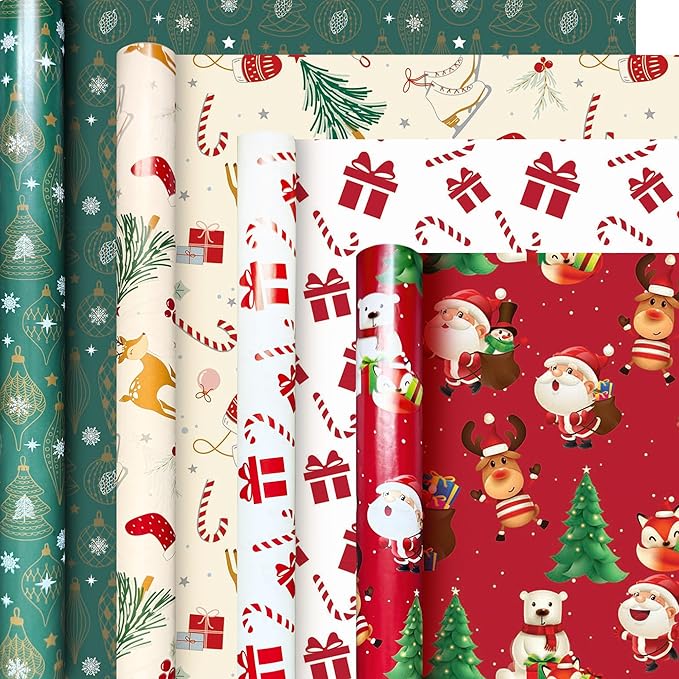 4 Rolls Christmas Wrapping Paper, 17 Inch x 16.5 Feet per Roll, Totaling 94 sq. ft. – Teal Ornaments, Cream Reindeer Mittens & Skates, Red Santa with Trees, White Gifts & Candy Canes – Eco-Friendly Durable Coated Paper Gift Wrap