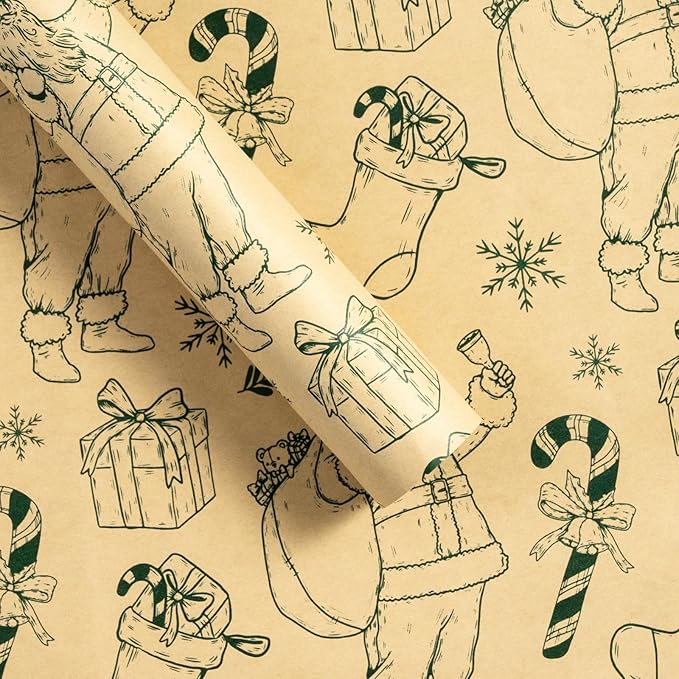 LeZakaa 20 Sheets Kraft Christmas Flower Wrapping Paper, Green Santa Sketch on Kraft Floral Bouquet Paper Gift Wrap for Christmas, Winter Holiday Party Packaging