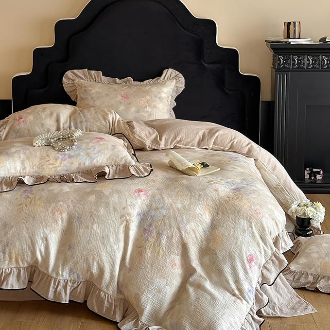 VM VOUGEMARKET Ruffle Duvet Cover Queen Muslin Cotton Vintage Flower Duvet Cover Soft Breathable Linen Like Gauze Bedding Set for Girls-Ivory