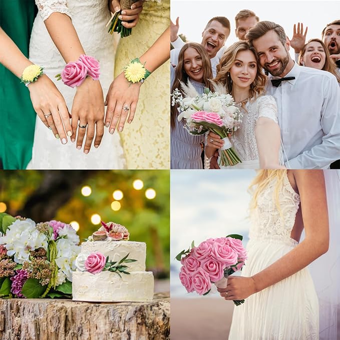 JOYLEX 100PCS Dark Pink Artificial Flowers Realistic Roses, Real Looking Fake Roses with Stem for DIY Wedding Bouquets Centerpieces Bridal Shower Party Home Romantic Decorations (Dark Pink, 100pcs)