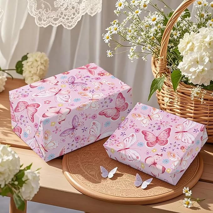 WRAPAHOLIC Pink Butterfly Wrapping Paper Roll - Mini Roll - 17 Inch x 9.8 Feet - Fantasy Floral Butterfly Design, Perfect for Birthday, Wedding, Bridal Shower