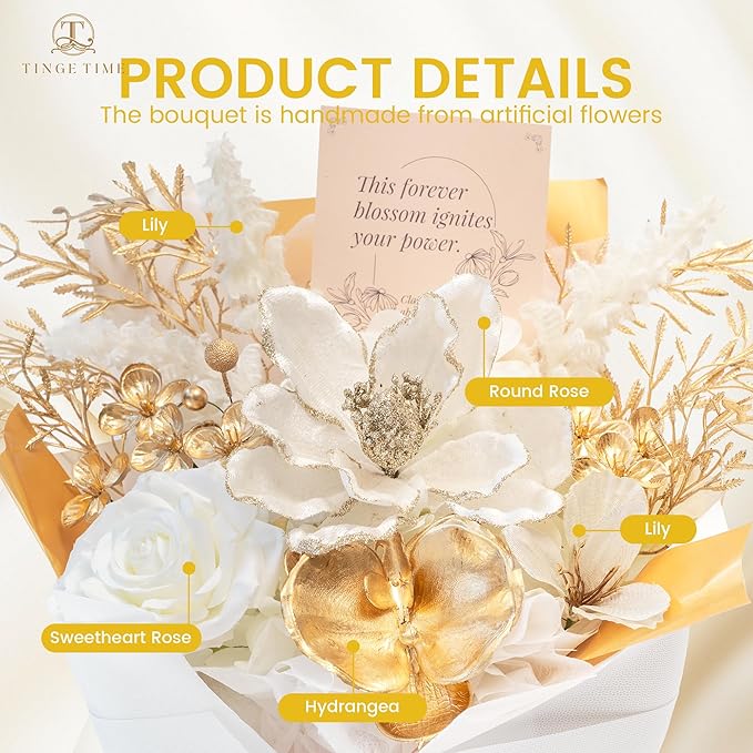 TINGE TIME White Gold Artificial Flowers Bouquet, Platinum Gift Bouquet for Women, Eternal Fake Flower Gift for Christmas Anniversary Birthday Home Décor (White & Gold)