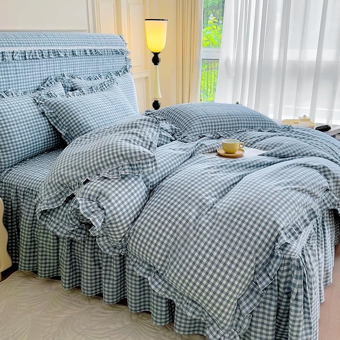 LifeTB Twin XL Comforter Set Blue Gingham Comforter with 2 Pillowcases Ruffle Plaid Grid Pattern Comforter Set for Men Boys Fluffy Soft Lightweight Bedding Boho Plaid Checkered Comforter Twin XL