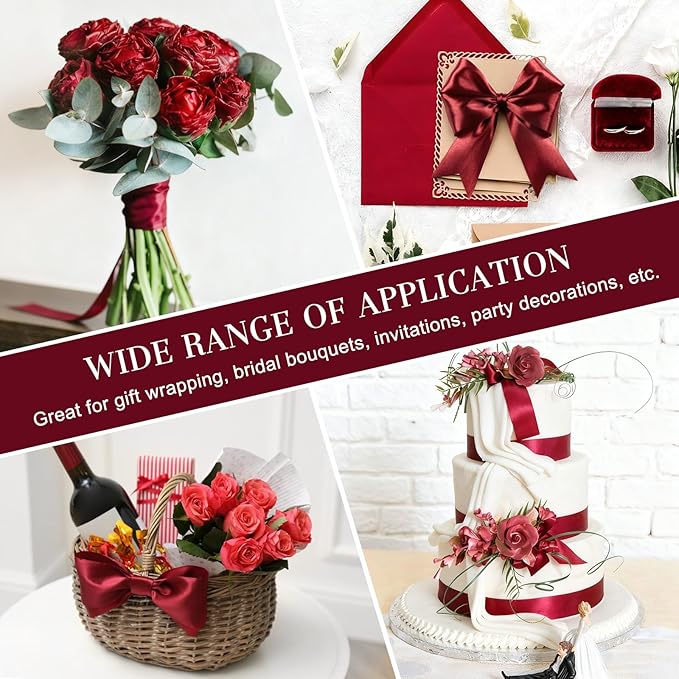 1-1/2 Inches 100 Yards Dark Wine Red Satin Ribbon, Ribbon Roll for Flower Bouquets, Gift Wrapping, Wedding, Handmade Crafts