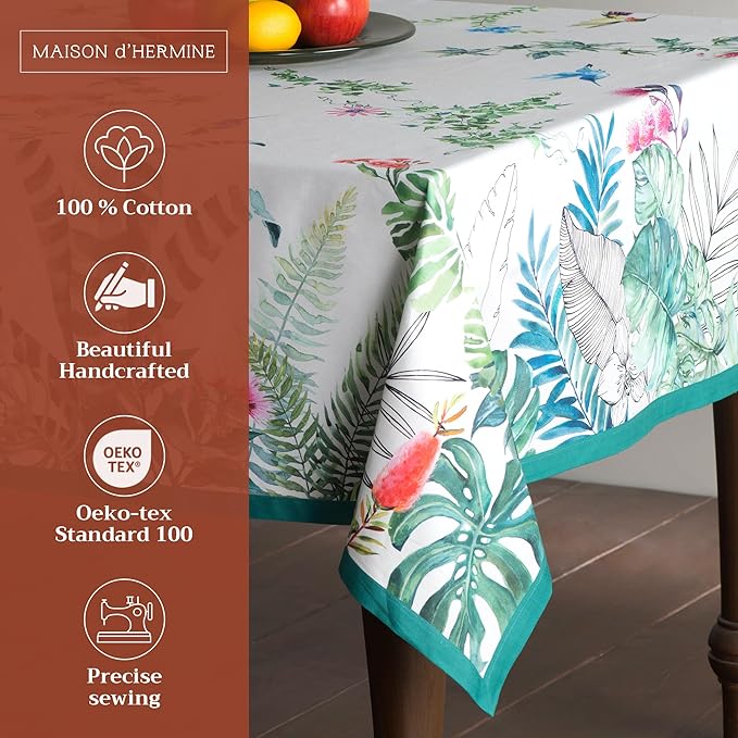 Maison d' Hermine Table Cloth Rectangle Table 100% Cotton 70 x 90 Inches Tablecloth Reusable Decorative Everyday Use for Dining Room, Farmhouse, Home Party, Festive & Wedding Spring Summer - Tropiques