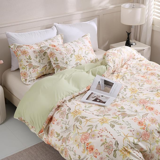 LONAVA King Floral 3 Pcs Duvet Cover Set, Breathable Soft Microfiber Glass Green Lining Comforter Cover with Zipper Closure, and 2 Anti-Pilling, Fade Resistant Pillowcases, Fall Floral