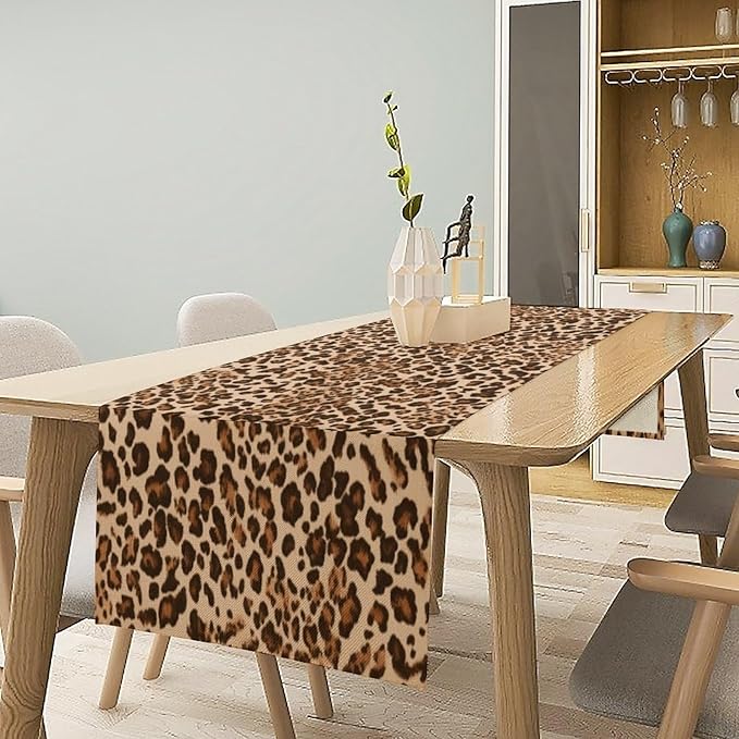Leopard Skin Print Table Runner, Rustic Cottage Country Farmhouse Wildlife Safari Animal Skin Print Dinner Runner for Home Kitchen Dining Table Party Holiday Decor Brown 13x120in