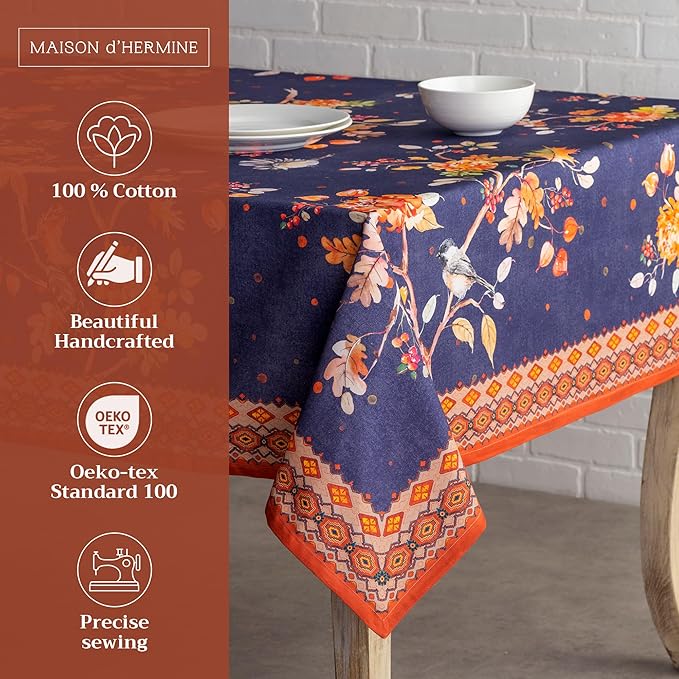 Maison d' Hermine Table Cloth Rectangle Table 100% Cotton 54 x 72 Inches Fall Tablecloth Reusable Everyday Use for Thanksgiving Christmas Decorations Dining Farmhouse Party (Kelim - Infinity)
