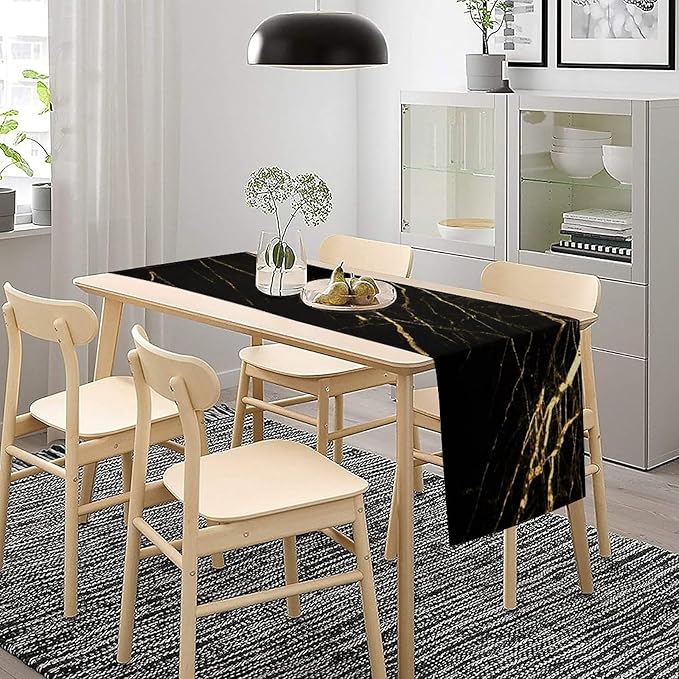 Black Grey Marble Table Runner Abstract Gold Black Grey Marble Pattern Seasonal Dinner Runner Table Decoration for Farmhouse Home Kitchen Dining Holiday Party 13x36in