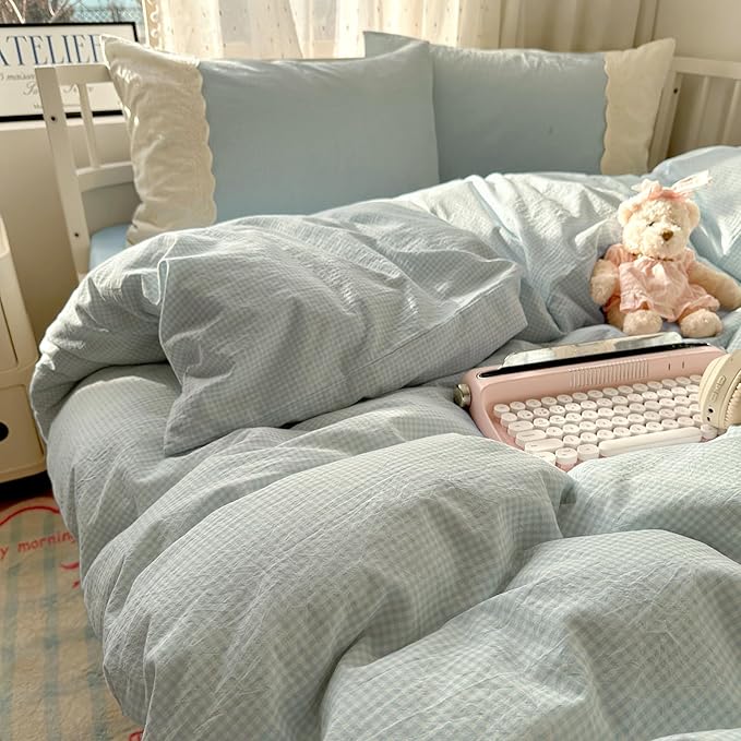 LifeTB Blue Gingham Duvet Cover King 3 Pieces Blue Plaid Comforter Cover with Chic White Lace Soft Microfiber Checkered Grid Duvet Cover with 2 Pillowcases Breathable Gingham Plaid Bedding Set