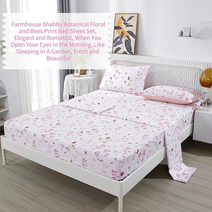 RYNGHIPY Shabby Floral Bees Print Bedding Sheets with Pillowcases, Breathable Egyptian Cotton Bed Sheet Set (Bee,Full Size)
