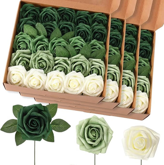 100 Pieces Artificial Foam Rose Flowers Faux Bouquet with Leaves and Stems for DIY Wedding Bouquets Centerpieces Bridal Shower Party Valentine Home Decorations(Gradient Green)