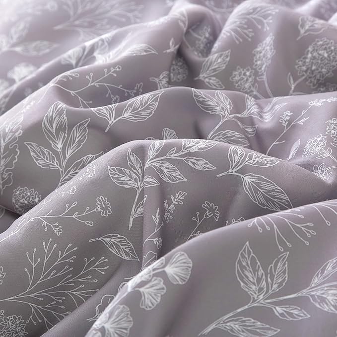 EAVD Vintage Style Garden Grey Floral Duvet Cover Queen Soft Cotton Chic Shabby Floral Bedding Set with 2 Pillowcases Fresh Reversible Botanical Duvet Cover with Zipper Closure