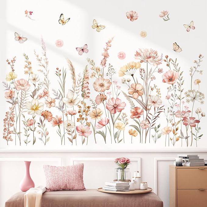 decalmile Watercolor Boho Flowers Wall Decals Wildflower Floral Grass Plants Butterfly Wall Stickers Bedroom Living Room Sofa TV Background Home Decor