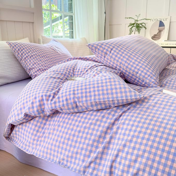 LifeTB Twin XL Comforter Set Purple Gingham Comforter with 2 Pillowcases Purple Pink Grid Plaid Comforter Set for Girls Women Fluffy Soft Lightweight Bedding Set Fluffy Checkered Comforter Twin XL
