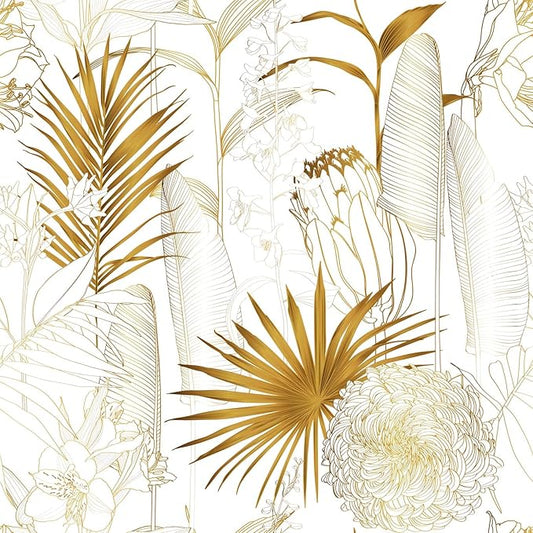 Gold/White Chrysanthemum Floral Peel and Stick Wallpaper - Tropical Palm Leaf Vintage Floral Contact Paper - Removable Wallpaper Vinyl Self Adhesive for Living Room Bedroom Shelf - 236.2"x17.71"