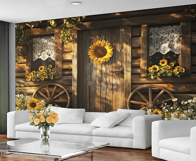 Rustic Cabin Sunflower Wall Mural, Vintage Cottage Door Sunflower 3D Wall Murals, Farmhouse Nature Wallpaper Mural, for Living Room Bedroom Large Wallpaper Indoor Decor 157.5" W x110.3 H