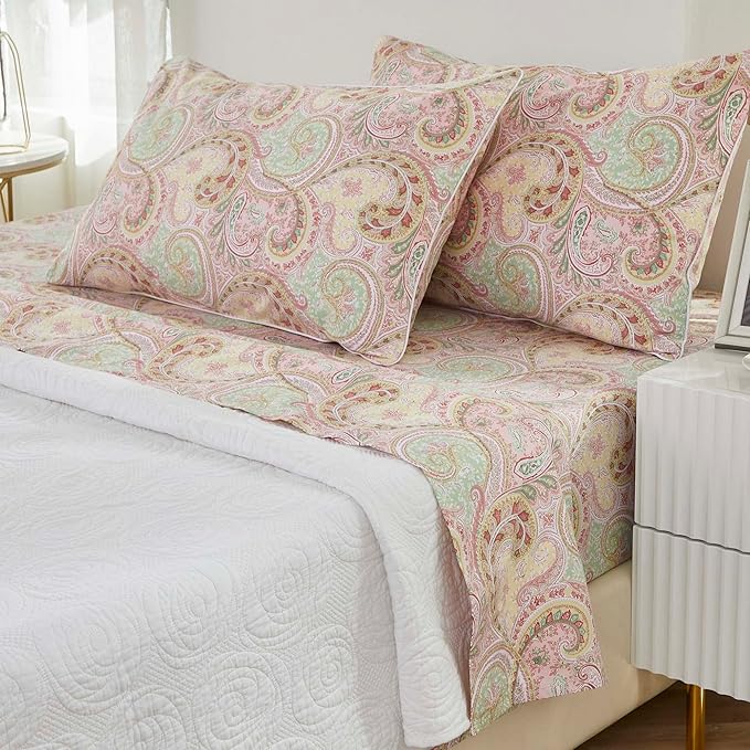 Brandream Boho Paisley Bedding Pink Elegant Watercolor Farmhouse Bed Sheets Set Queen Size Luxury Bedding Collections 800 Thread Count 100% Egyptian Cotton Deep Pocket, 4 Piece