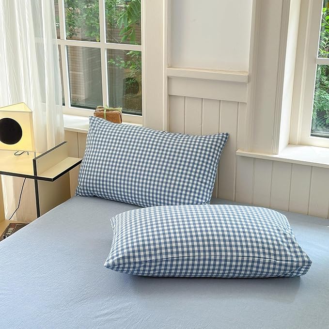 LifeTB Blue Gingham Comforter Set Full Size Modern Checkered Plaid Comforter Set 3 Pieces Blue Grid Bed Comforter with 2 Pillowcases Soft Fluffy Farmhouse Grid Plaid Bedding Set for All Seasons