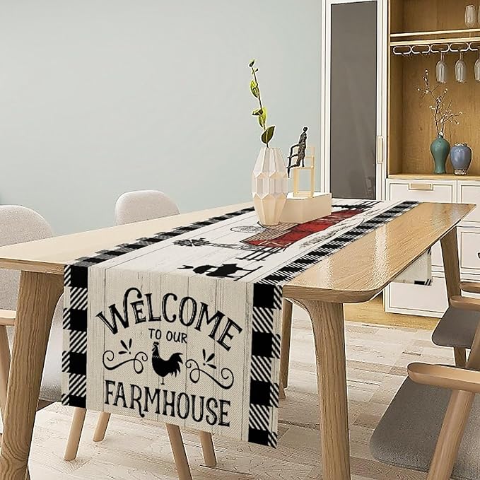 Rustic Farmhouse Table Runner Vintage Western Farm Cow Rooster Red Barn Cabin Country Lodge Dinner Runner for Home Kitchen Dinner Table Party Decoration 13x108in