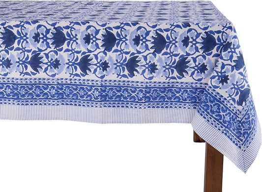 ATOSII Positano Blue 100% Cotton Square Fall Tablecloth, Handblock Floral Print Linen Table Cloth for Kitchen I Dining Table I Tabletop I Parties I Wedding I Fall Decor (60 X 60 Inches)