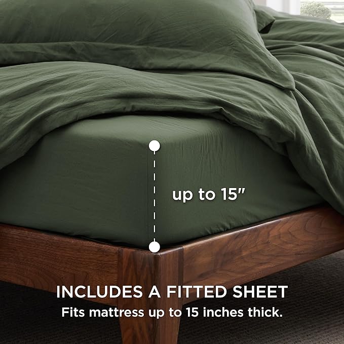 Bedsure Duvet Cover Full Size with Fitted Sheet - 4 Pieces Prewashed Cotton-Like Extra Soft Bedding Set, Includes 1 Duvet Cover 80x90 Inches, 2 Pillow Shams, 1 Fitted Sheet, Olive Green