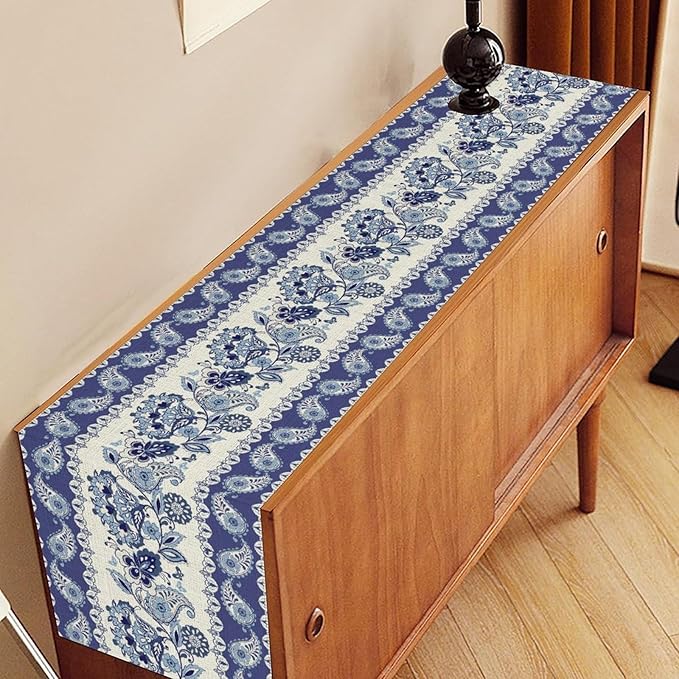 Blue Paisley Table Runner, Rustic Blue Bohemian Damask Exotic Flower Cafe Table Center Decor for Home Kitchen Dining Patio Holiday Party Indoor Outdoor Table Decorations 13x108 inch