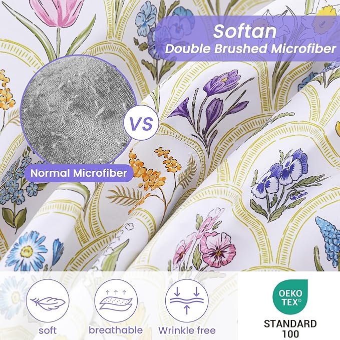 Softan Floral Twin Sheet Set, 3-Piece Microfiber Printed Fitted Sheet with 15" Deep Pockets & Non-Slip Straps, Multi Flower Patterned Single Bedding Sheets & Pillowcase Set