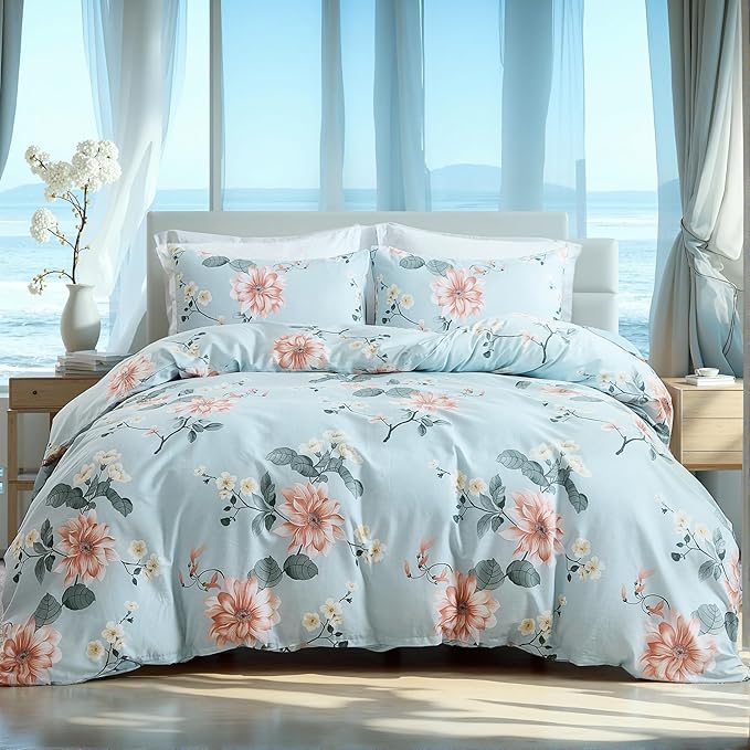 Blue Floral Duvet Cover King Size 100% Soft Cotton 3 Pieces French Country Chic Garden Style Luxury Blossom Floral Vibrant Pattern Reversible Flower Duvet Cover with Zipper Closure