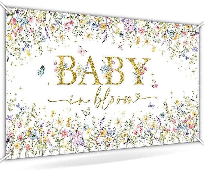 Avezano Baby in Bloom Backdrop Wildflower Baby Shower Party Decorations Watercolor Floral Baby in Bloom Banner Gold Glitter Butterfly Photography Background Cake Table Banner 70.8 x 43.3 Inch