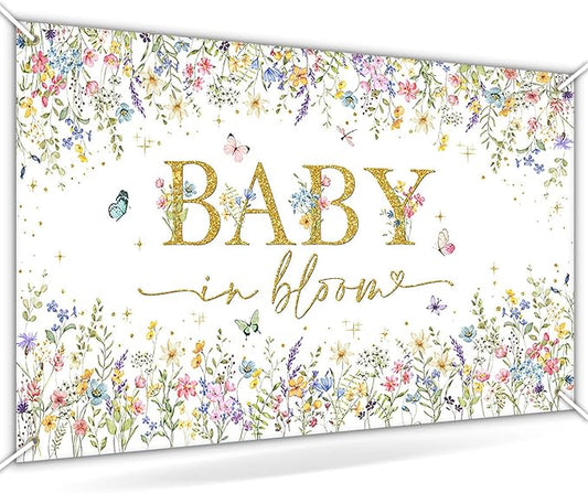 Avezano Baby in Bloom Backdrop Wildflower Baby Shower Party Decorations Watercolor Floral Baby in Bloom Banner Gold Glitter Butterfly Photography Background Cake Table Banner 70.8 x 43.3 Inch