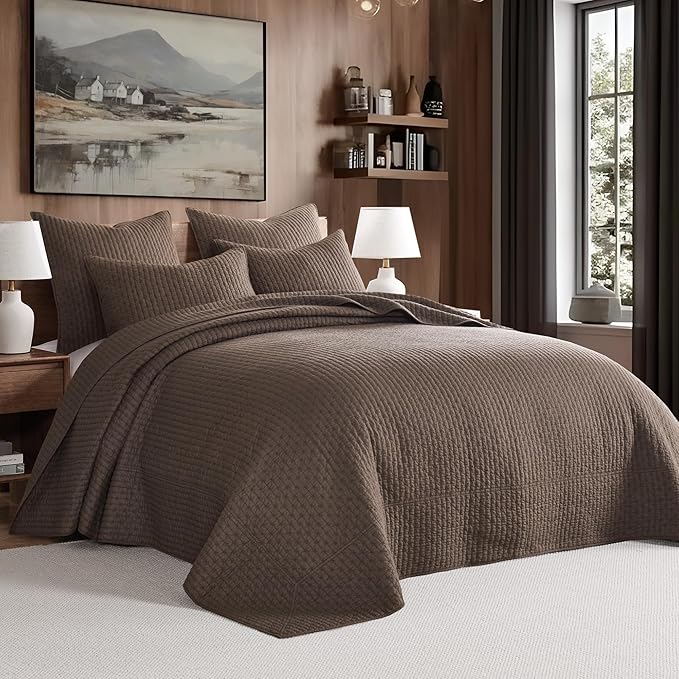 Levtex Home Cross Stitch Reversible Full Bedspread Set (100x104in) with 2 Pillow Shams (26x20in) - Stitch Texture - Cocoa - 100% Cotton Full Size Bedspread Set - Lightweight, Soft, Pre-Washed