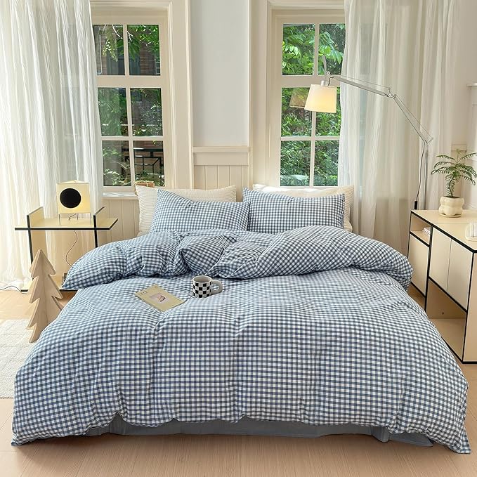 LifeTB Blue Gingham Comforter Set King 3 Pieces Modern Plaid Checkered Pattern Comforter Gingham Bedding Set Fluffy Soft Grid Plaid Bedding Comforter Farmhouse Checkered Comforter Set King Size