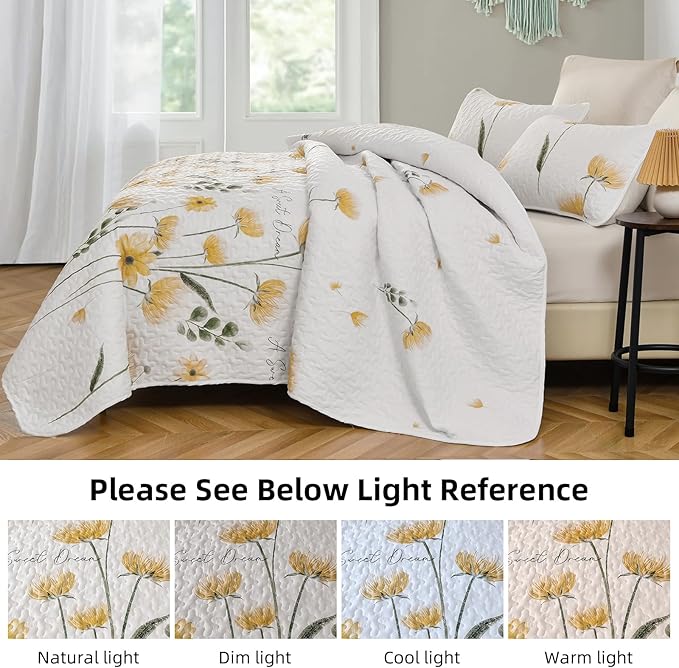 Dinjoy Quilt Set King Floral Bedspread Coverlet Yellow Quilts Bedding Microfiber Lightweight Summer Reversible Soft Farmhouse Fall Plant Bed Cover Sets for All Season(110"x90")