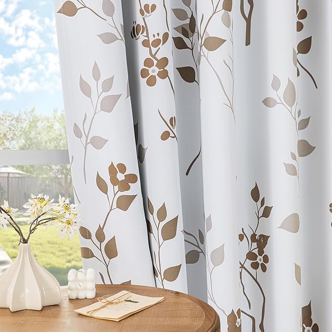Beauoop Floral 100% Blackout Curtains 72 Inches Long 2 Panels for Bedroom Living Room Tan Brown and White Flower Patterned Room Darkening Thermal Soundproof Grommet Window Treatments Drapes, 52X72