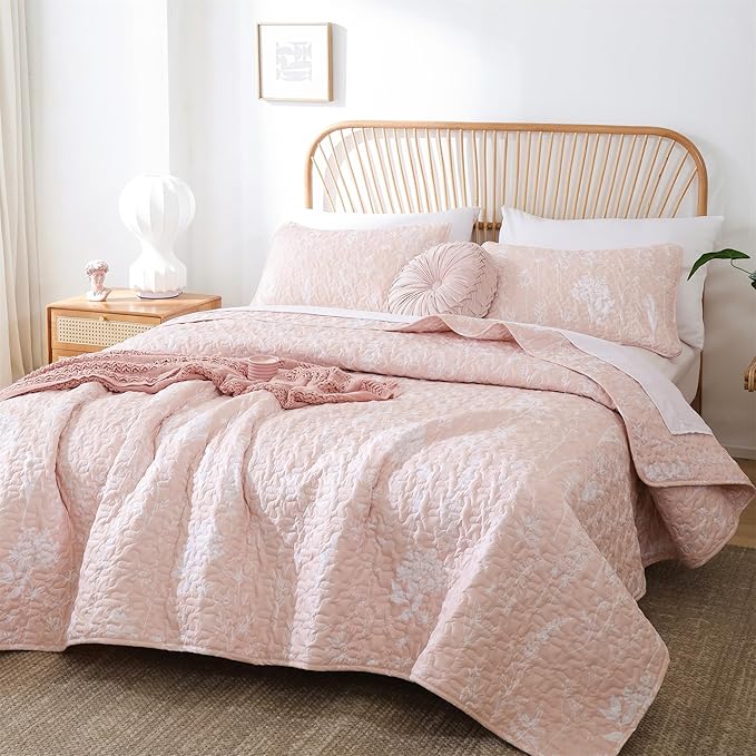 JANZAA Quilt King Size Blush Quilt Botanical with Floral Pattern Microfiber Bedspreads King Size 3 Pieces Lightweight Comforter Reversible Bedding Set with 2 Pillowcases