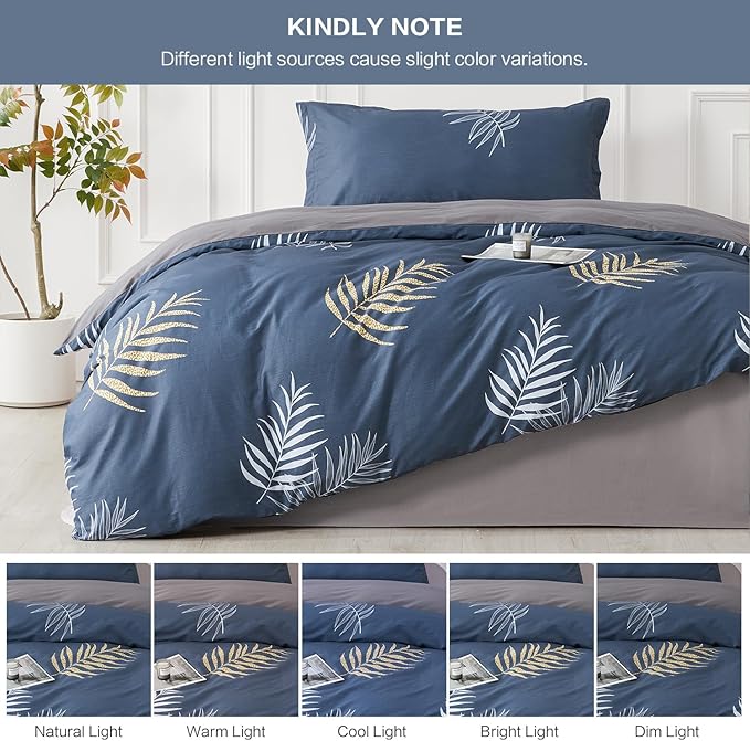 SAPHREAS Navy Blue Duvet Cover Set 2pcs Tropical Botanical Palm Leaves Bedding Comforter Cover Set Closure 1 Cotton Duvet Cover 68"x90" 1 Pillow Sham, Comforter Not Included
