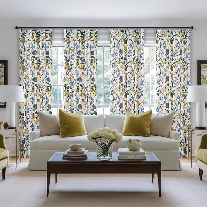 Boho Floral Curtains for Bedroom 63 inch Long 2 Panels Mid Century Botanical Aesthetic Pinch Pleated Drapes,Flower Lemon Bird Printed Thermal Insulated Room Darkening Window Drapes