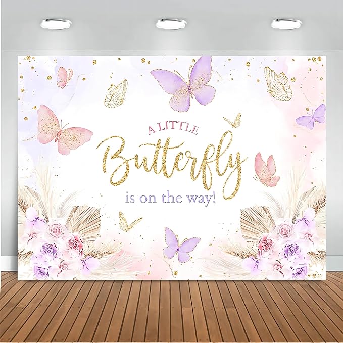 Mocsicka Butterfly Baby Shower Backdrop for Girl's A Little Butterfly is on The Way Pink Florals Flowers Photography Background Princess Girl Party Decoration Photography Props (7x5ft, Gold)