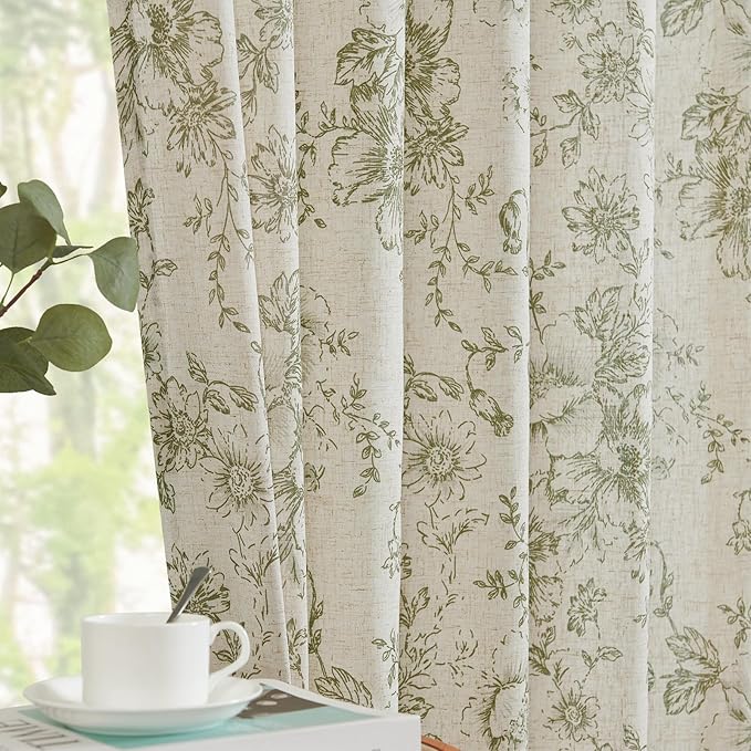 jinachan Linen Blend Floral Curtains for Living Room 84 Inch Length Christmas Sage Green Printed Curtain Rod Pocket Back Tab Farmhouse Peony Flower Patterned Drapes Bedroom Curtains Set 2 Panels