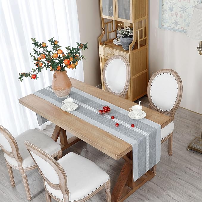 Farmhouse Braided Striped Table Runner Rustic Embroidery Coffee Table Runners for Decorations Weddings Holiday Grey 13x72inch